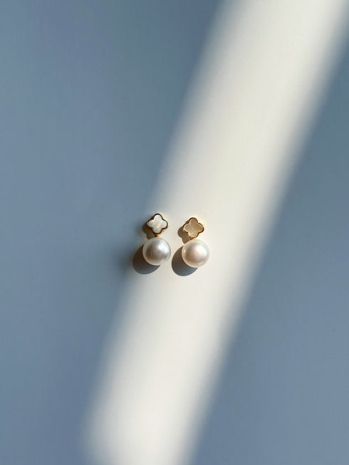 Floral Leaf Shell Pearl Earrings - Elegant Fresh Look in 18K Gold Vermeil